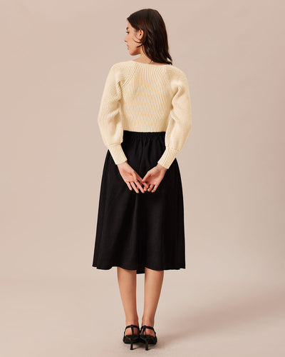 Beige Deep V-Neck Balloon Sleeve Sweater