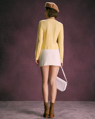 Yellow Round Neck Hair Braid Ribbed Cardigan
