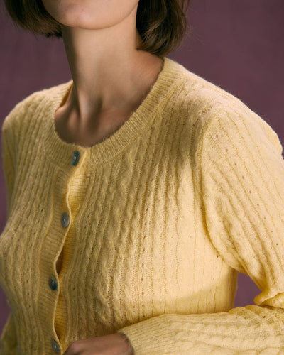 Yellow Round Neck Hair Braid Ribbed Cardigan