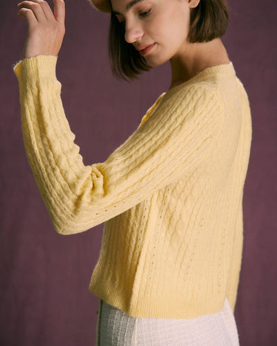 Yellow Round Neck Hair Braid Ribbed Cardigan