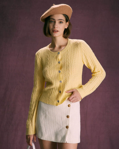 Yellow Round Neck Hair Braid Ribbed Cardigan