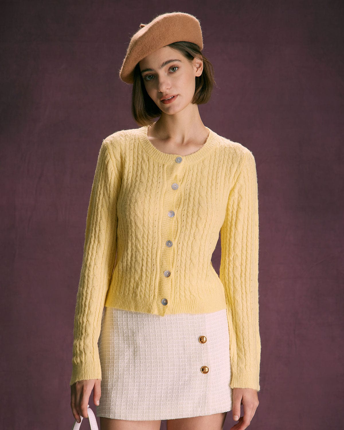 Yellow Round Neck Hair Braid Ribbed Cardigan