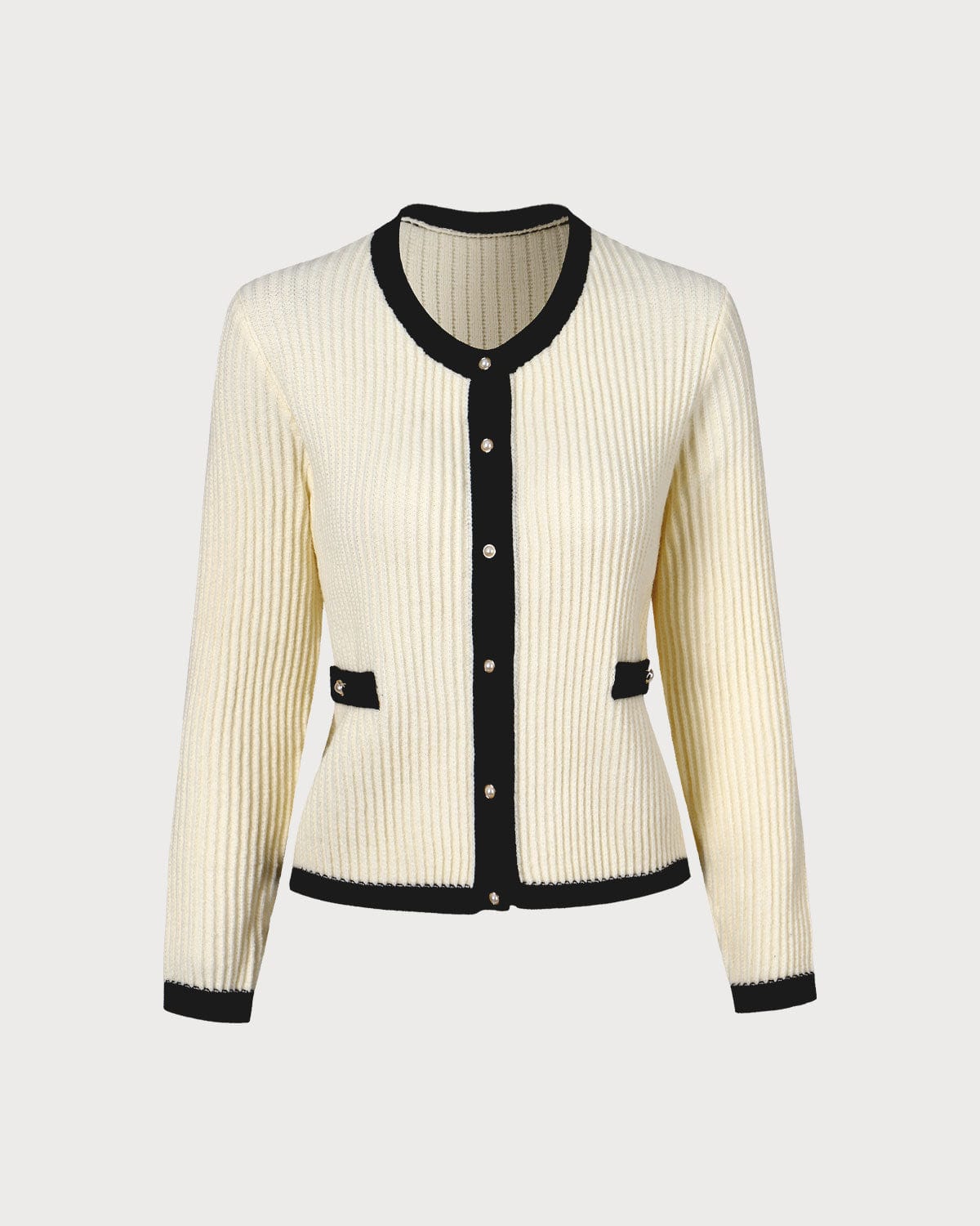 Beige Colorful Round Neck Contrast Stripe Cardigan