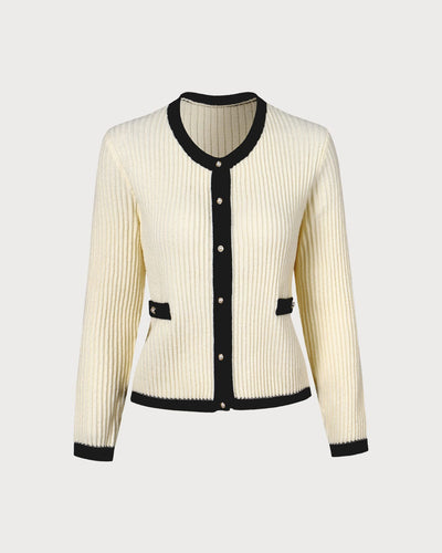Beige Colorful Round Neck Contrast Stripe Cardigan