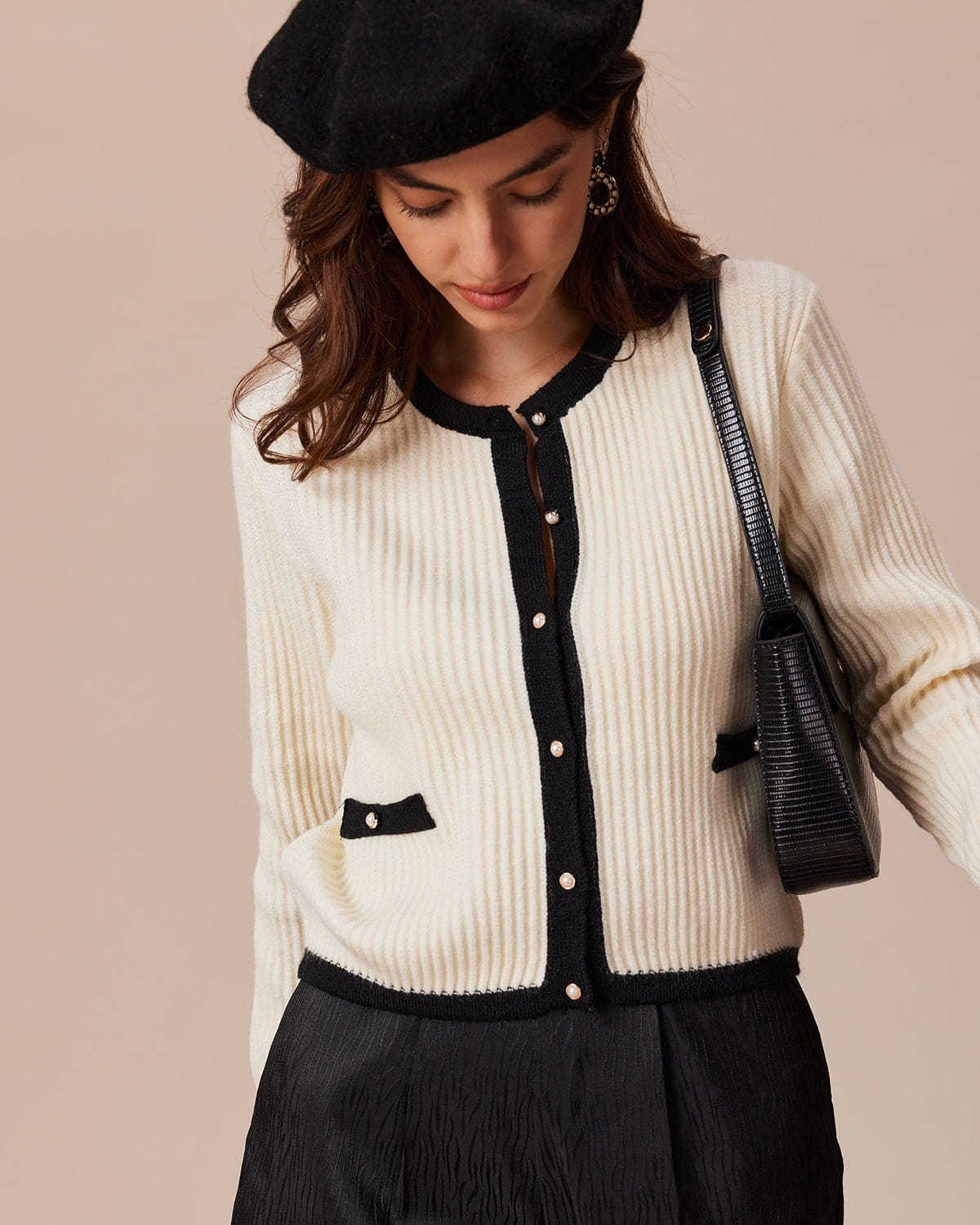 Beige Colorful Round Neck Contrast Stripe Cardigan