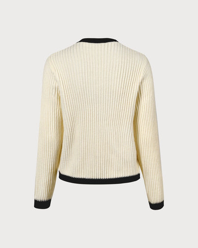Beige Colorful Round Neck Contrast Stripe Cardigan
