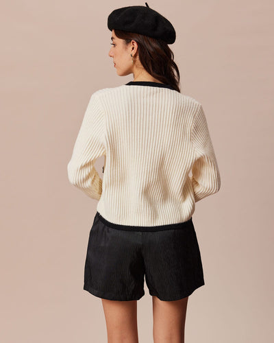Beige Colorful Round Neck Contrast Stripe Cardigan