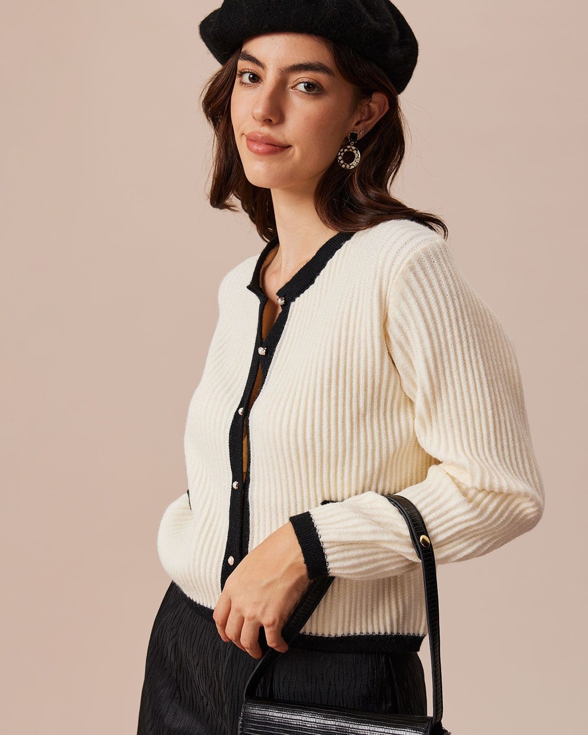 Beige Colorful Round Neck Contrast Stripe Cardigan