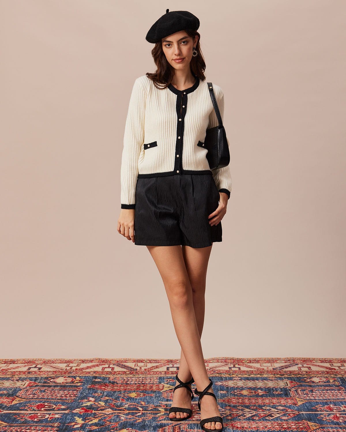 Beige Colorful Round Neck Contrast Stripe Cardigan