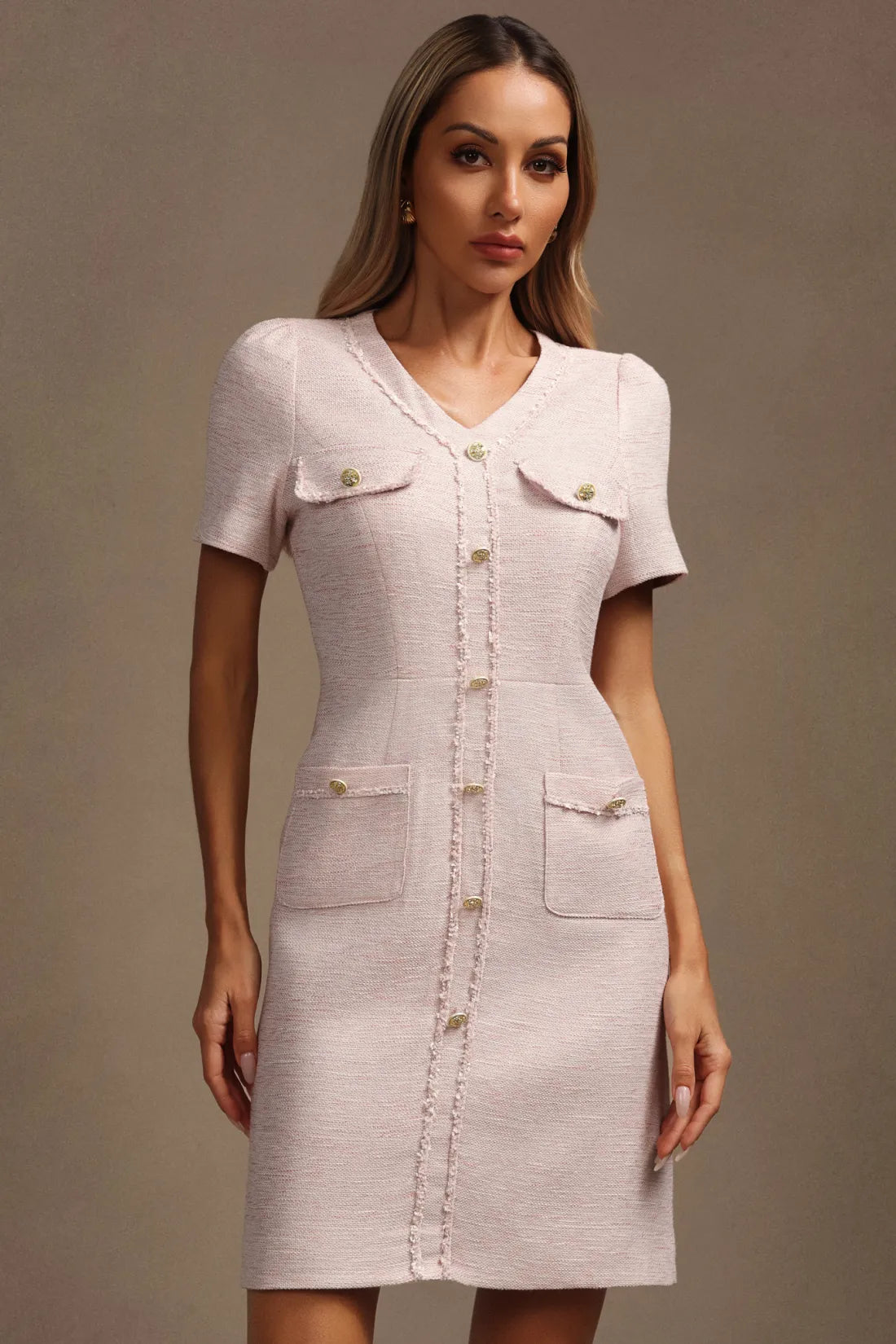 Short Sleeve Gold Button Mini Dress