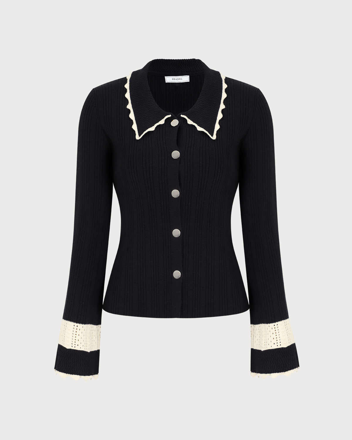 Black Piece Adding Buttoned Ribbed Cardigan