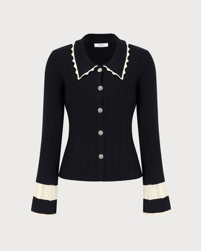 Black Piece Adding Buttoned Ribbed Cardigan