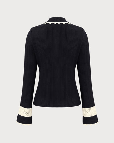 Black Piece Adding Buttoned Ribbed Cardigan