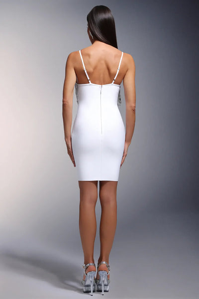 Pinky Deep V Diamond Fringed Bandage Mini Dress
