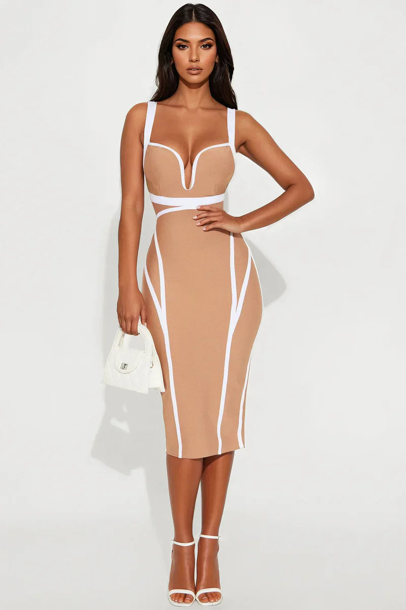 High Aspirations Taupe Bandage Midi Dress