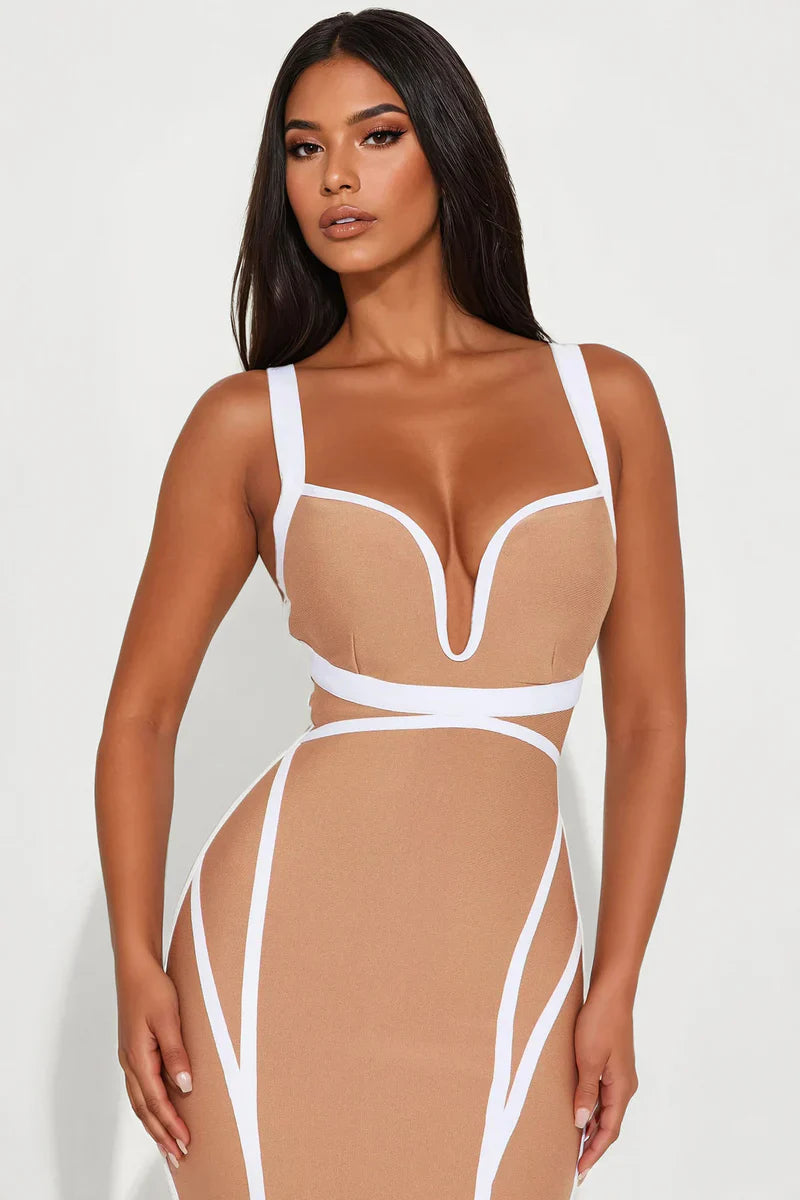 High Aspirations Taupe Bandage Midi Dress