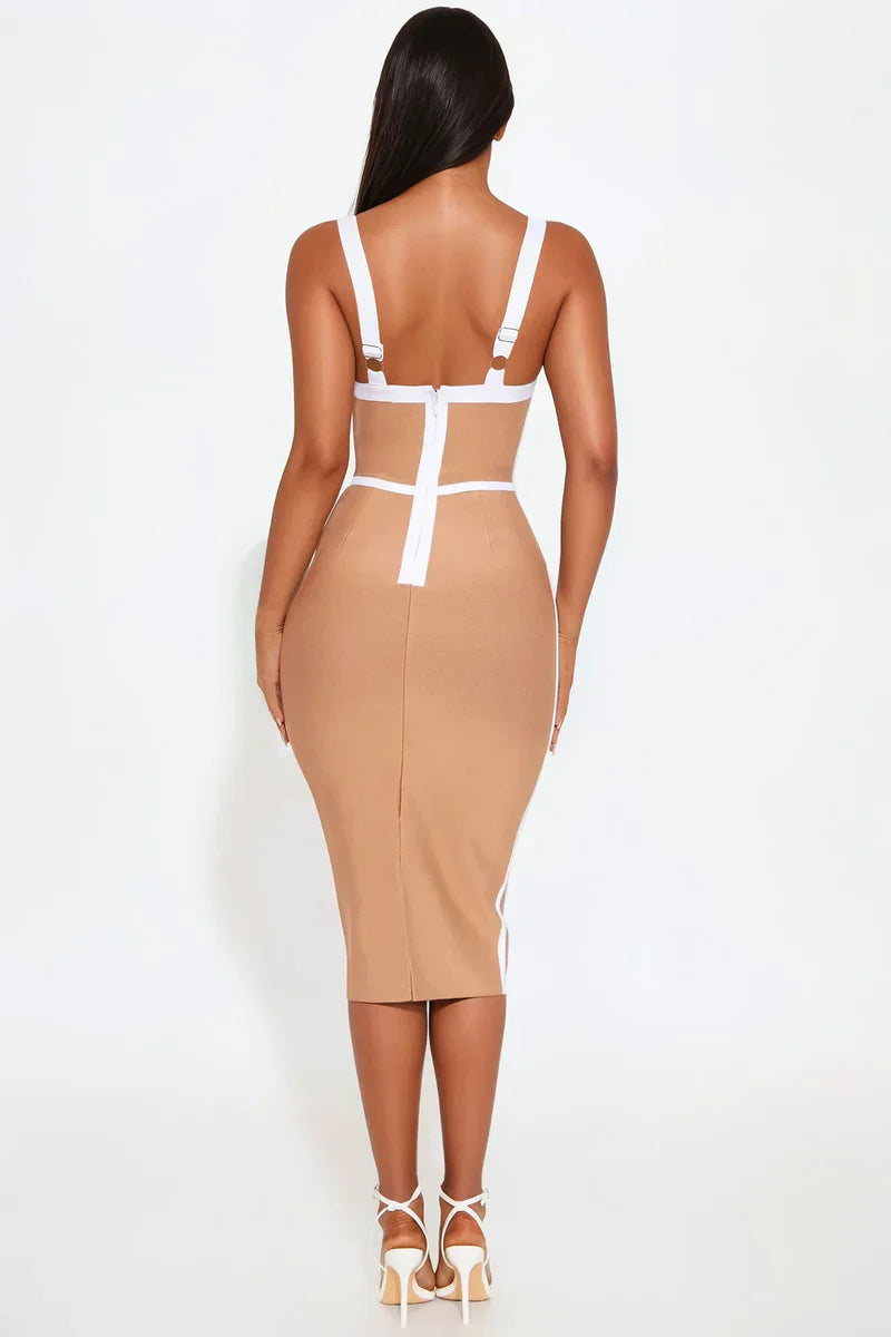 High Aspirations Taupe Bandage Midi Dress
