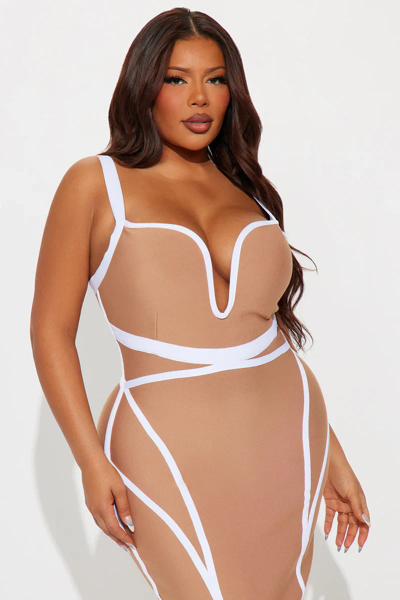 High Aspirations Taupe Bandage Midi Dress